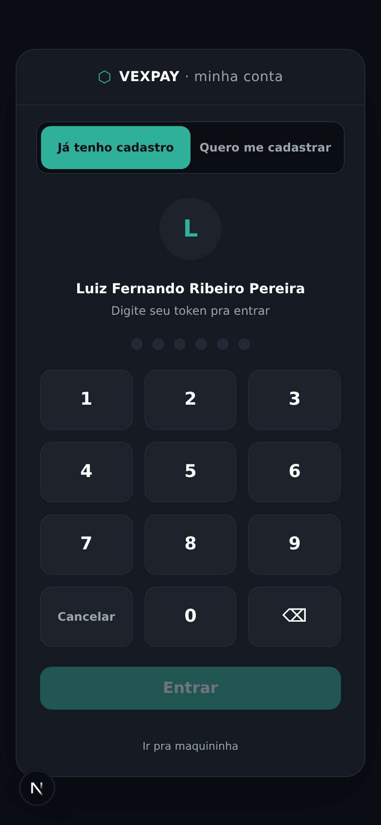 Tela de acesso do app Vexpay — cliente confirmando o token