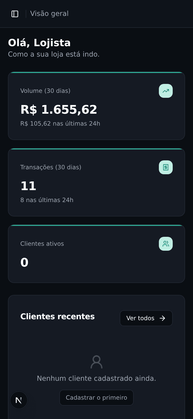 App Vexpay — painel do lojista com volume e transações